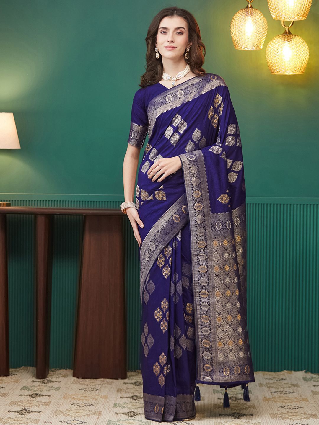 

Satrani Ethnic Motifs Zari Pure Silk Banarasi Saree, Blue