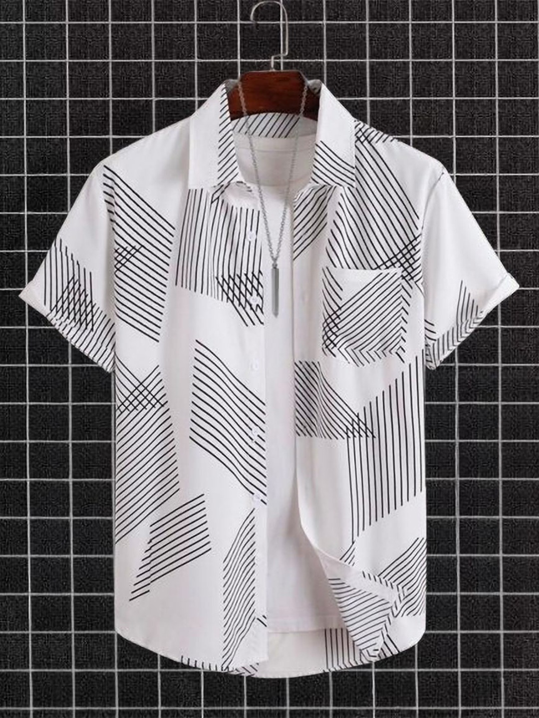 

iCome Men Abstract Printed Spread Collar Casual Shirt, White