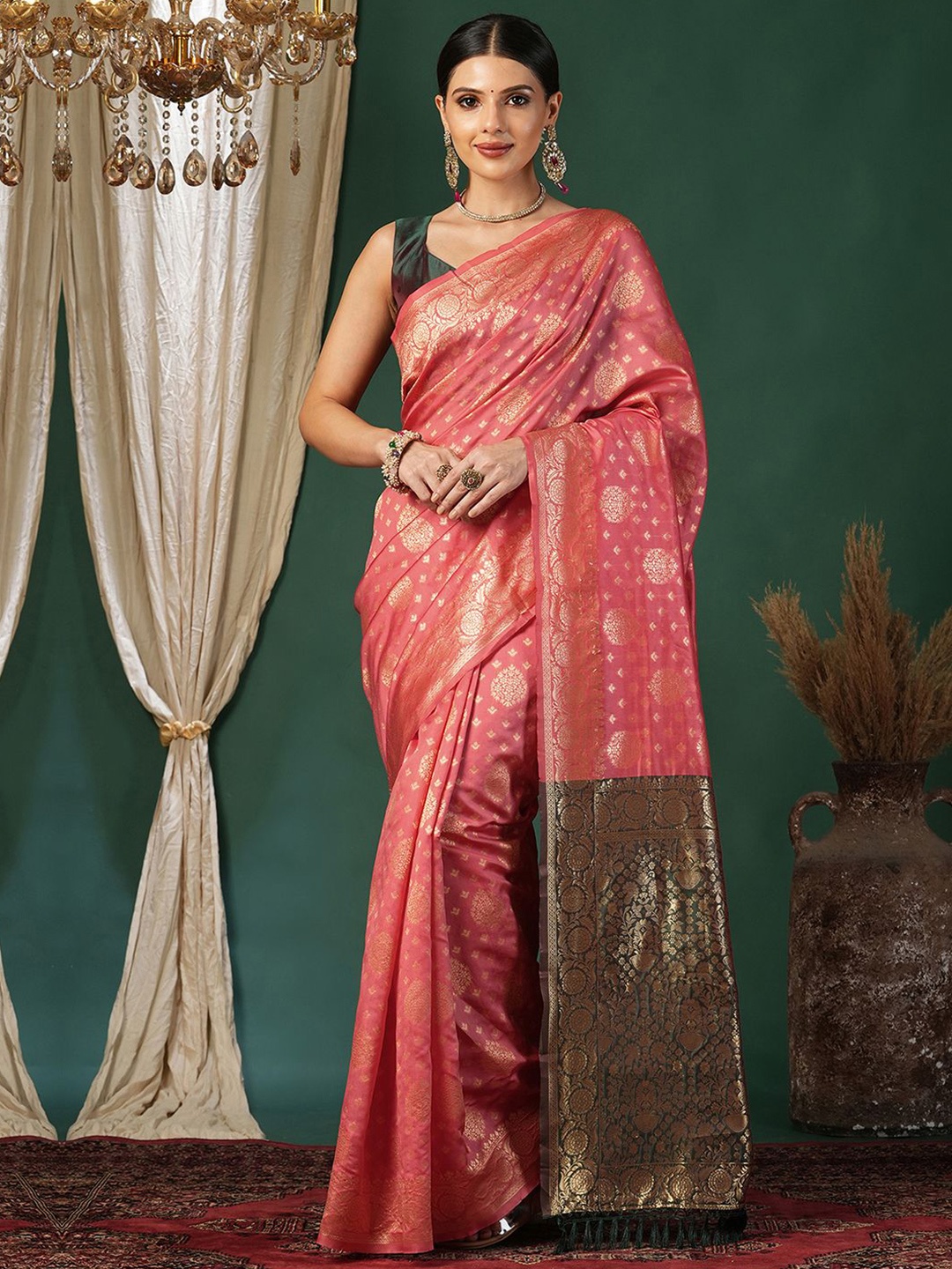 

KALINI Woven Design Zari Silk Blend Banarasi Saree, Pink