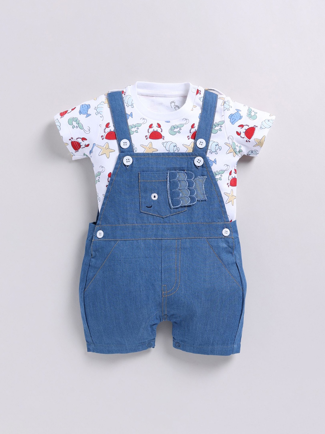 

BABY GO Printed Cotton Dungaree With T-Shirt, Navy blue