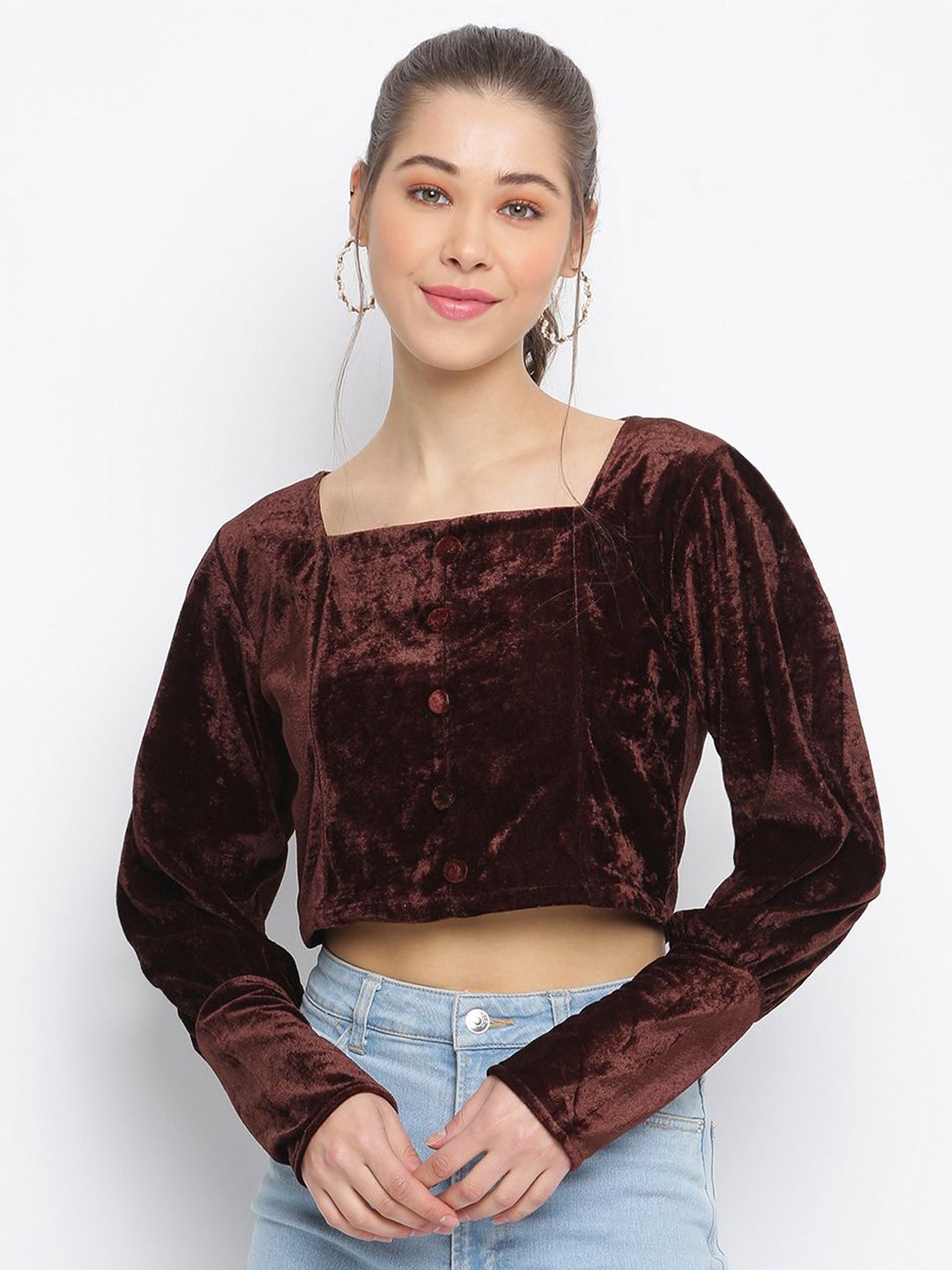 

DressBerry Women Solid Square Neck Top, Coffee brown