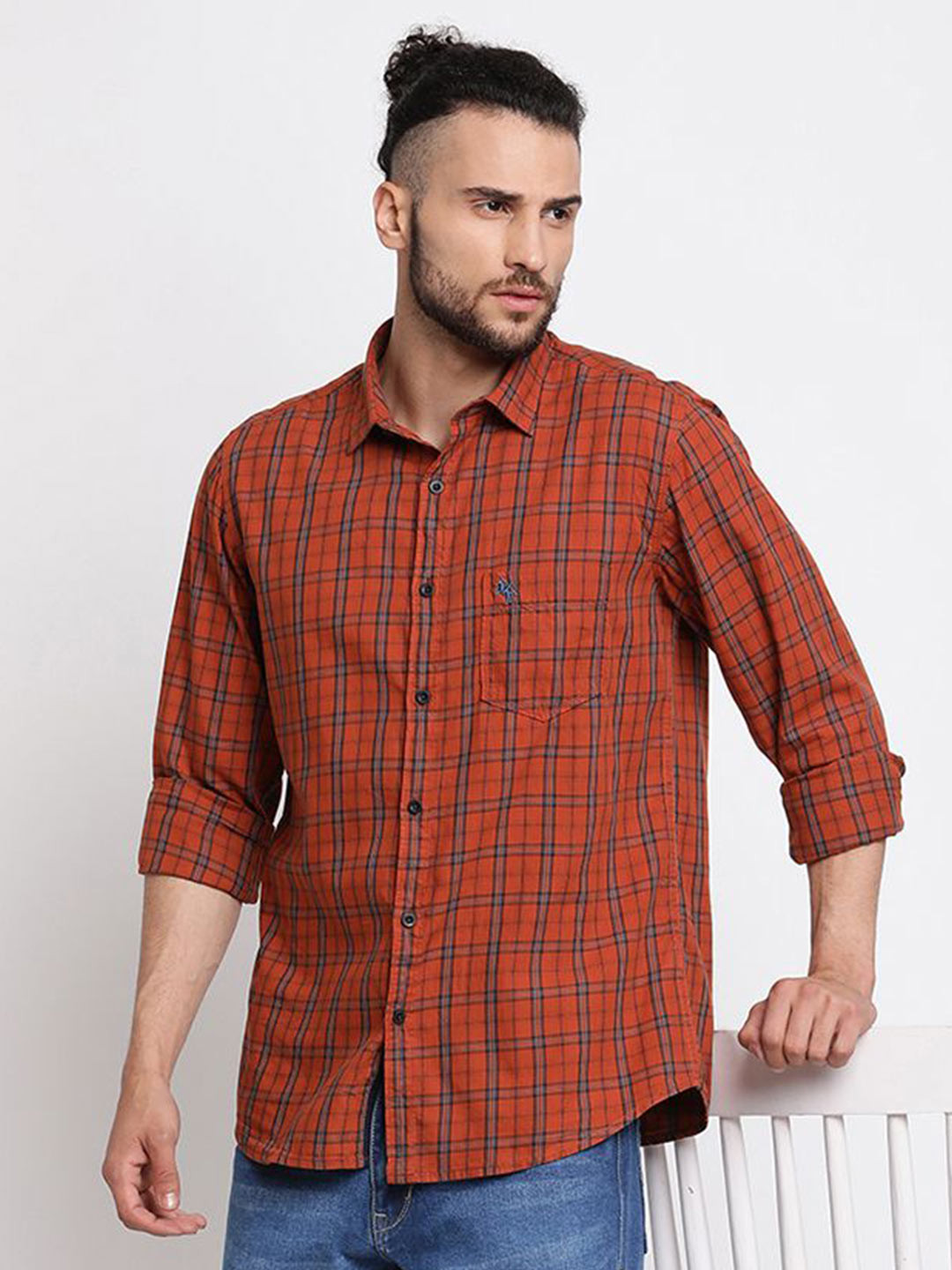 

Cantabil Men Comfort Slim Fit Spread Collar Checked Cotton Casual Shirt, Red