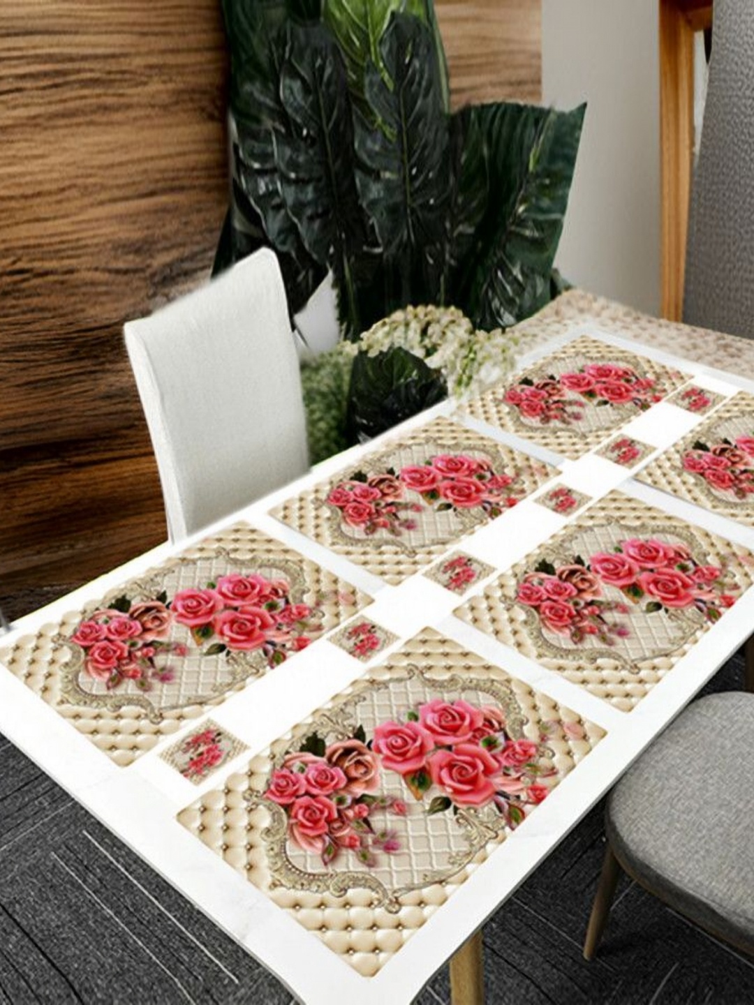 

REVEXO Beige 12 Pcs Floral Printed Rectangular Shaped Coasters & Table Placemats