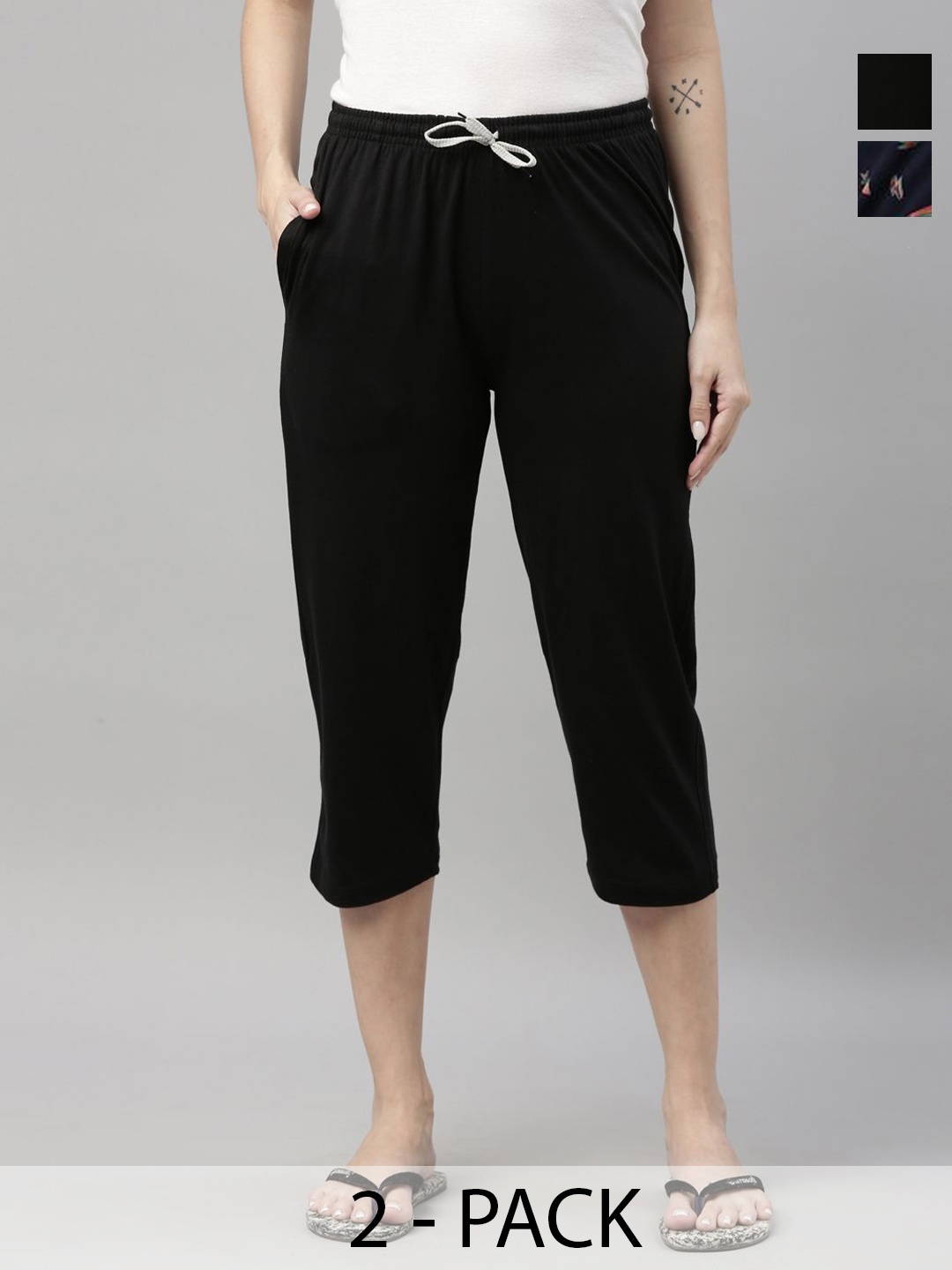 

Kryptic Women Pack of 2 Printed Regular Fit Mid-Rise Cotton Capris, Black