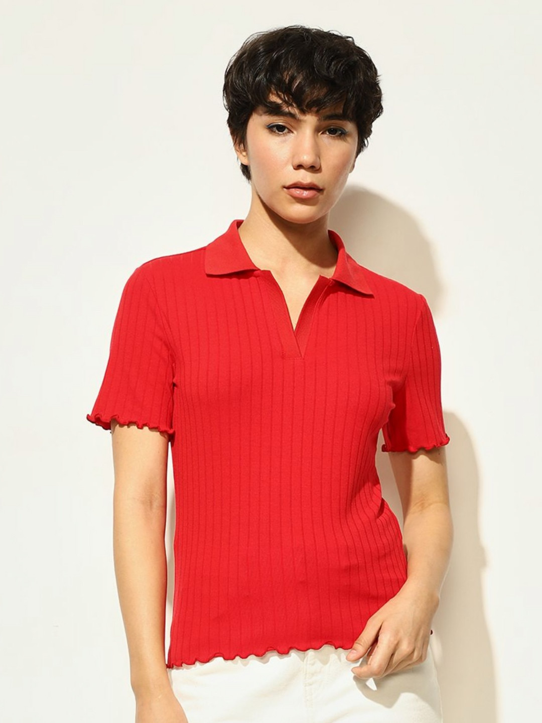 

ONLY Women Self Design Polo Collar T-shirt, Red