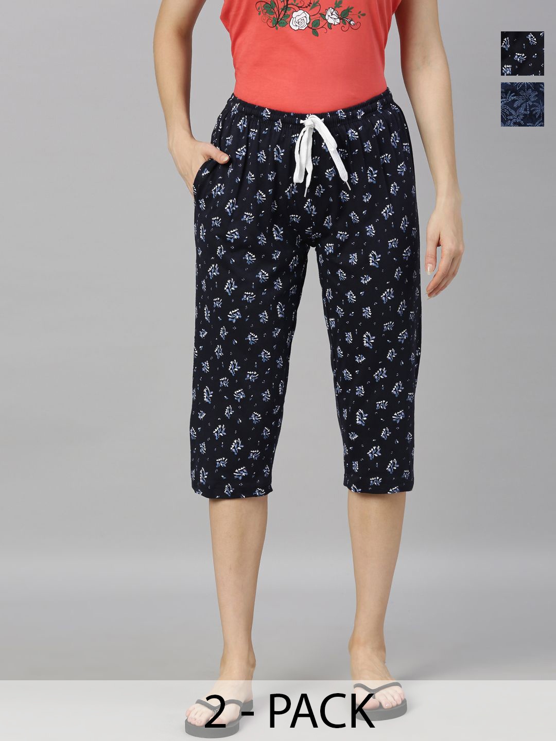 

Kryptic Women Pack of 2 Printed Regular Fit Mid-Rise Cotton Capris, Navy blue