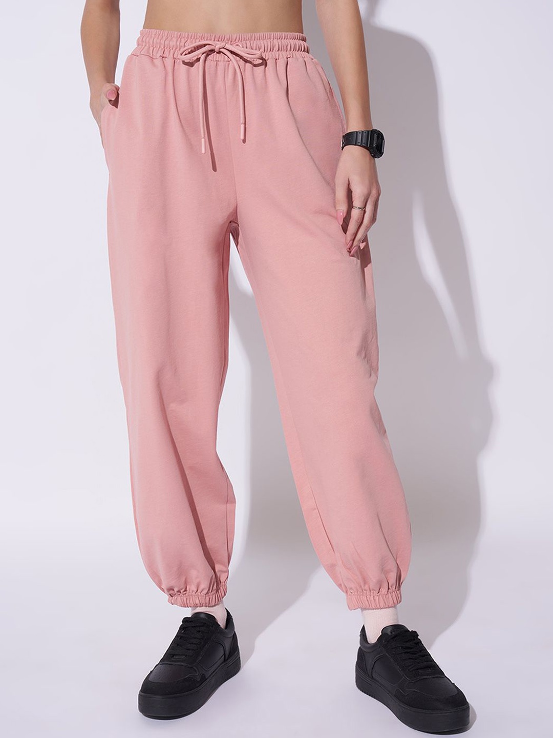 

Ajile by Pantaloons Women Cotton Relaxed Fit Mid Rise Joggers, Pink