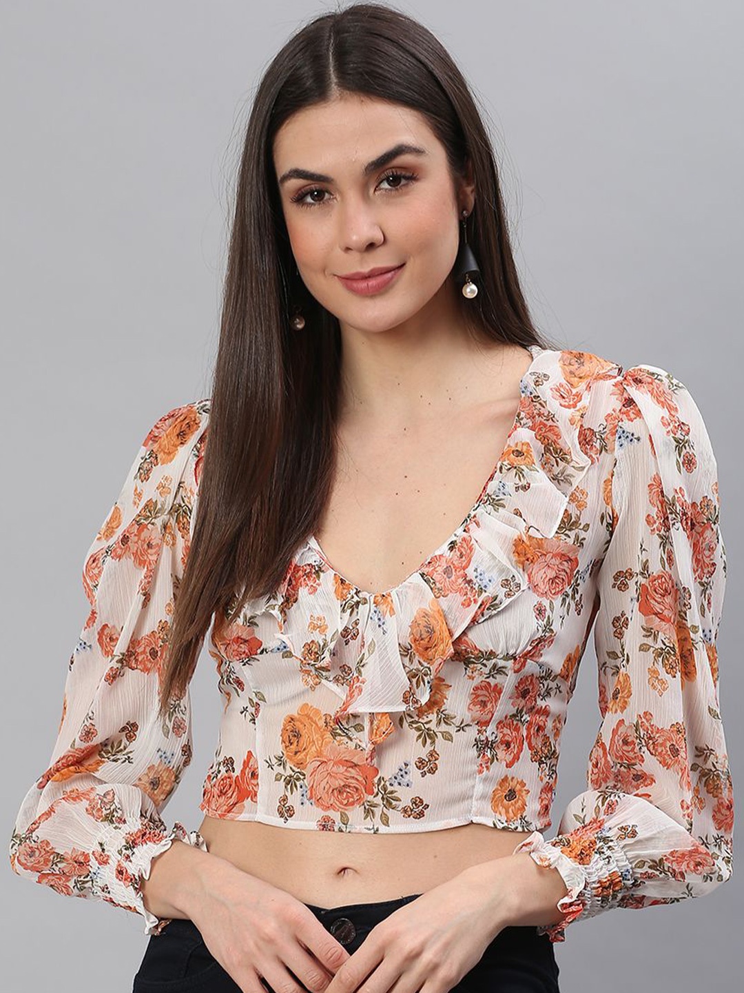 

Moda Rapido Floral Print Puff Sleeve Chiffon Crop Top, White