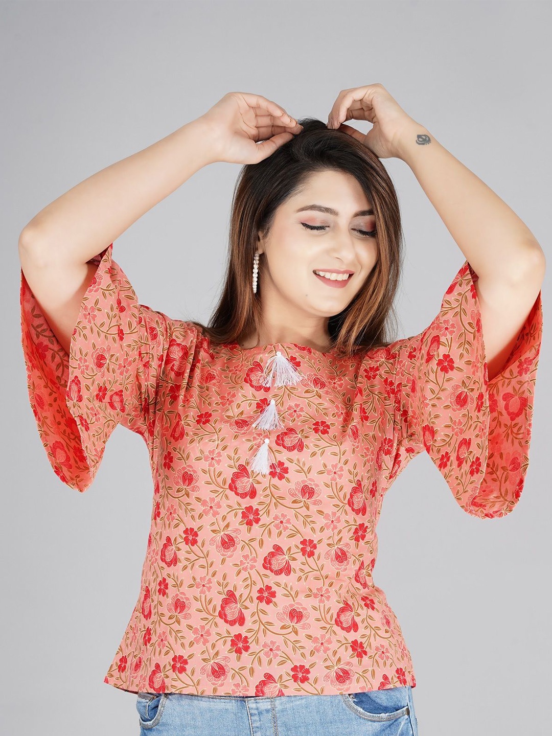 

AAFAMI Women Floral Printed Round Neck Cotton Top, Orange