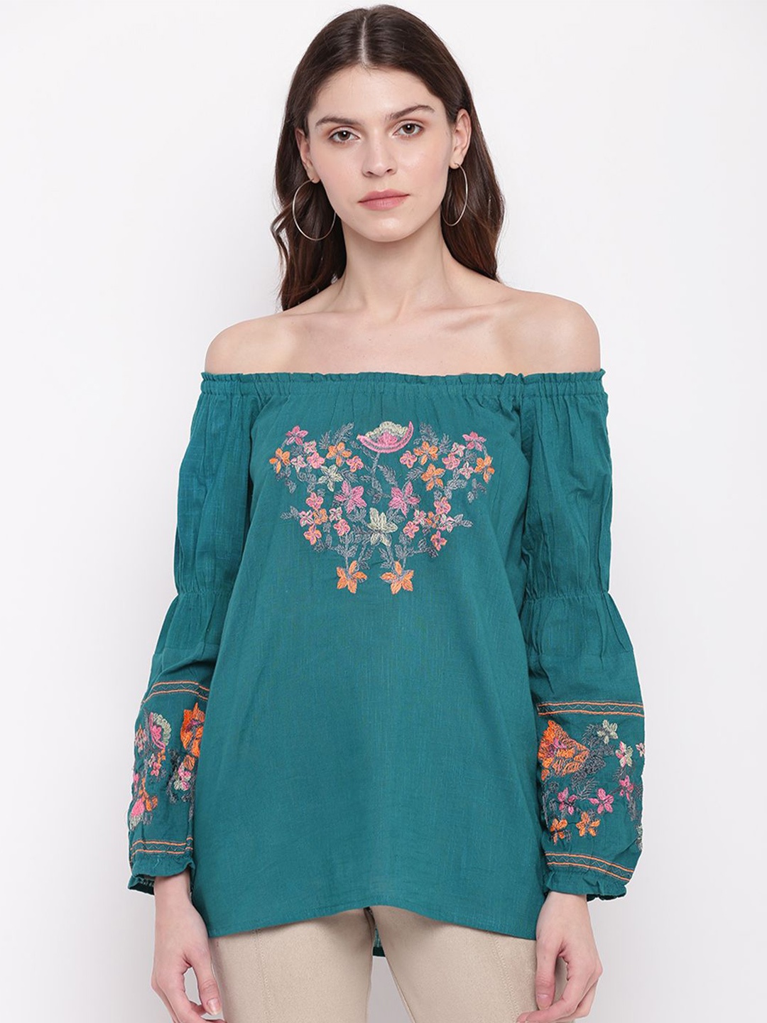 

DressBerry Floral Embroidered Off-Shoulder Cotton Bardot Top, Turquoise blue