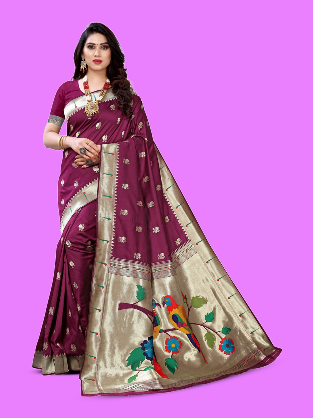 

DIVASTRI Woven Design Zari Silk Blend Paithani Saree, Purple