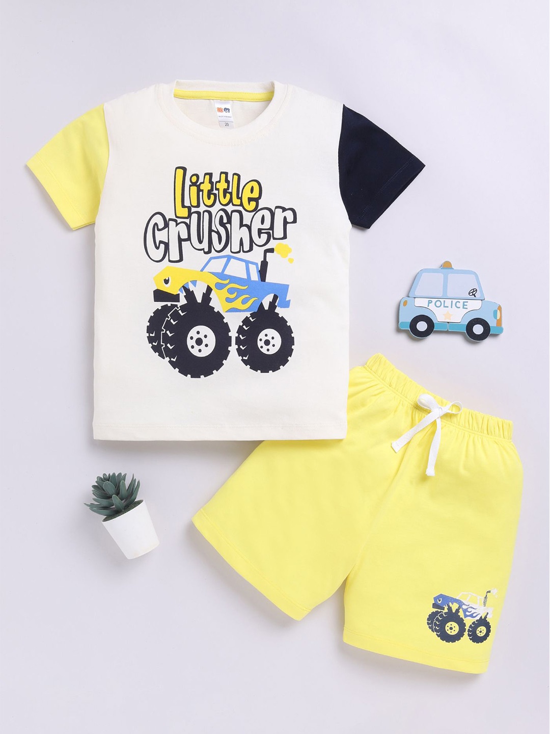 

LITTLE NINJA Boys Printed Round Neck Pure Cotton T-Shirt With Shorts, Yellow