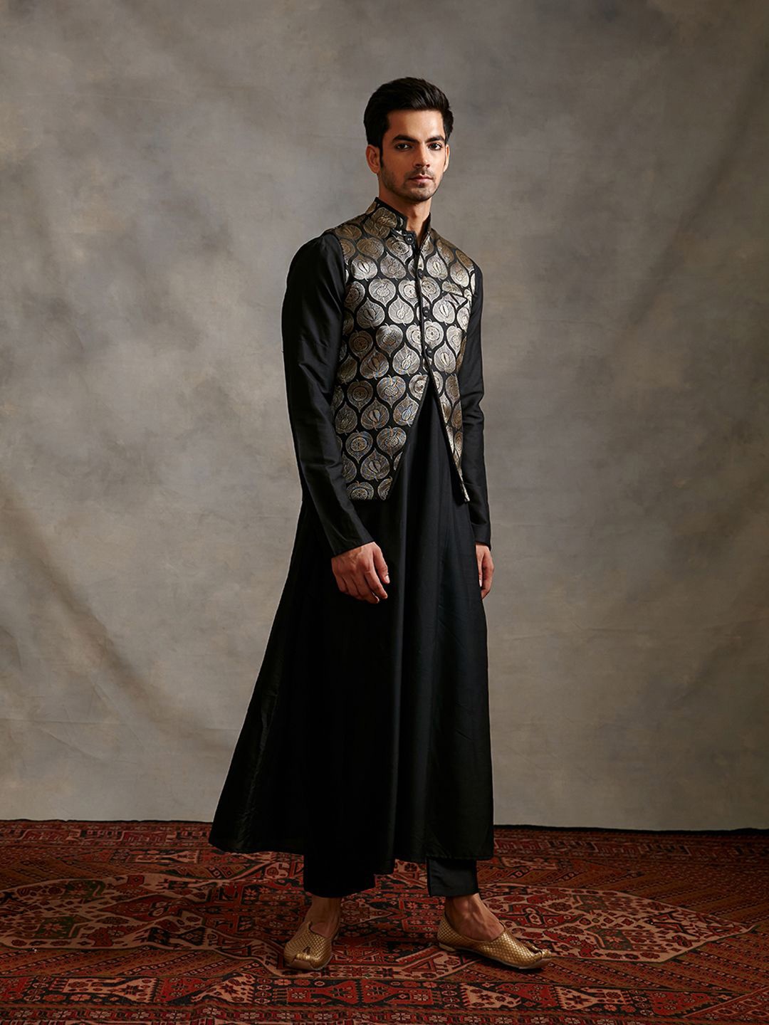 

Abhishti Men Zari Woven Design Cotton Nehru Jacket, Black