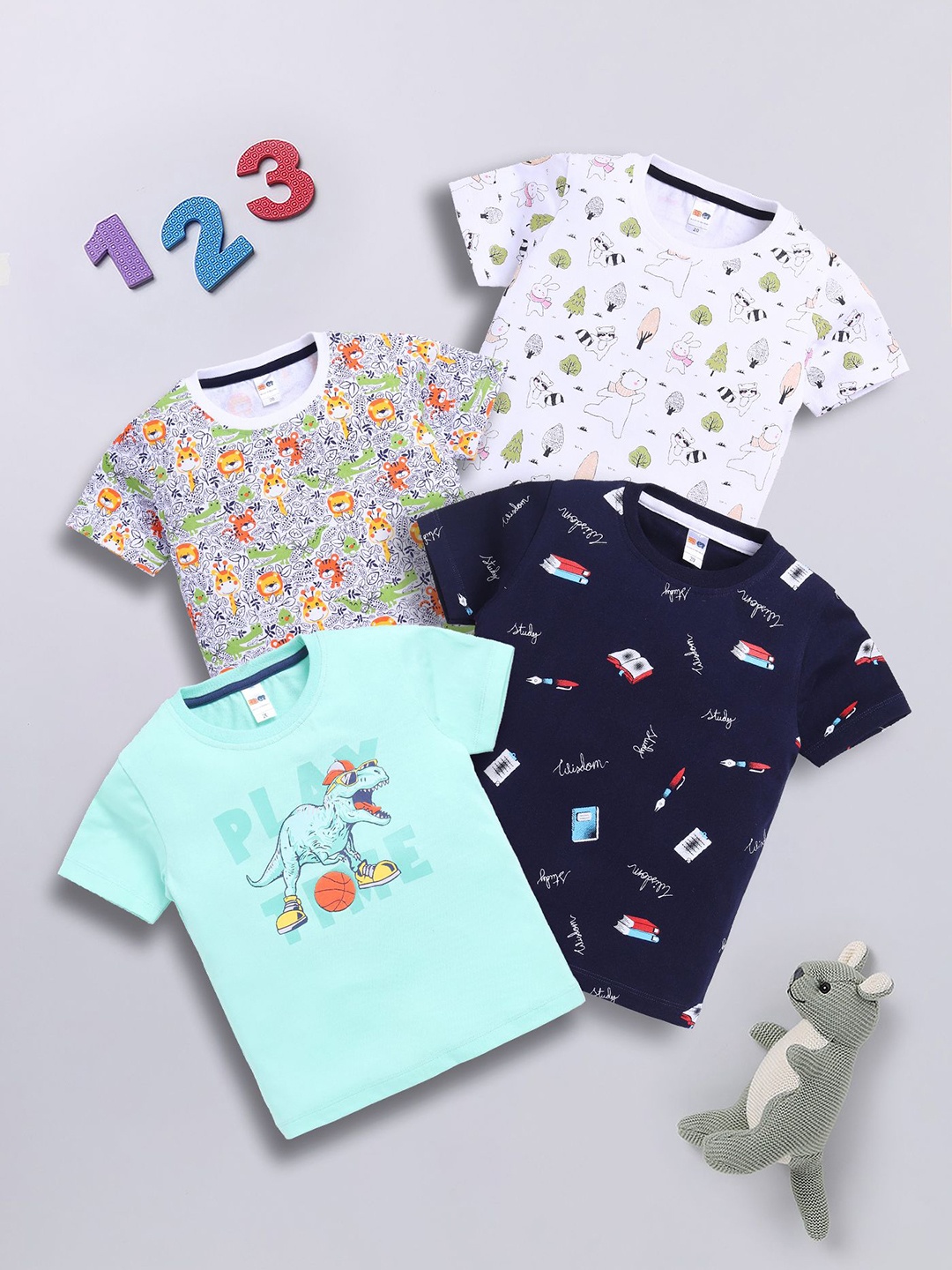 

LITTLE NINJA Boys Pack Of 4 Graphic Printed Round Neck Cotton T-shirts, White