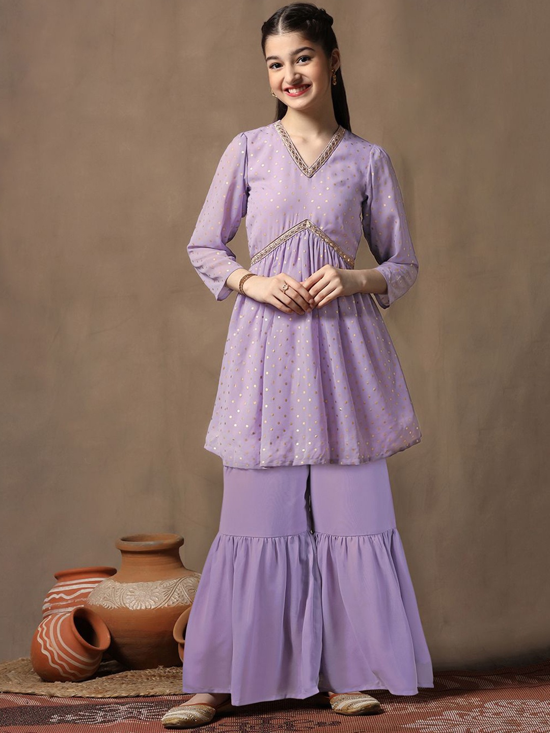 

Sangria Girls Lavender Polka Dots Printed Empire V-Neck Georgette Anarkali Kurta & Sharara