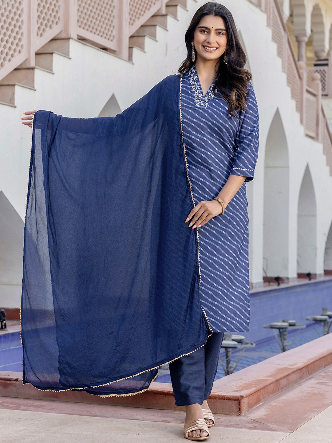 

Navlik Leheriya Printed V Neck Sequinned Straight Kurta With Trousers & Dupatta, Navy blue