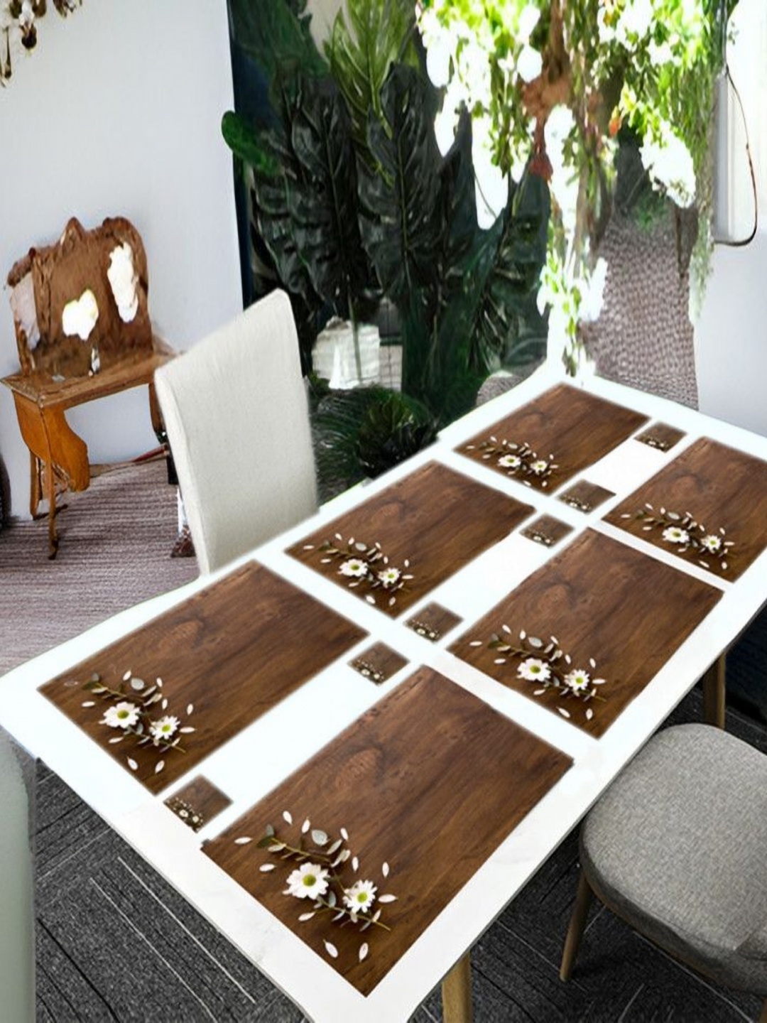 

REVEXO Brown & White 12 Pcs Floral Printed Rectangular Shaped Coasters & Table Placemats