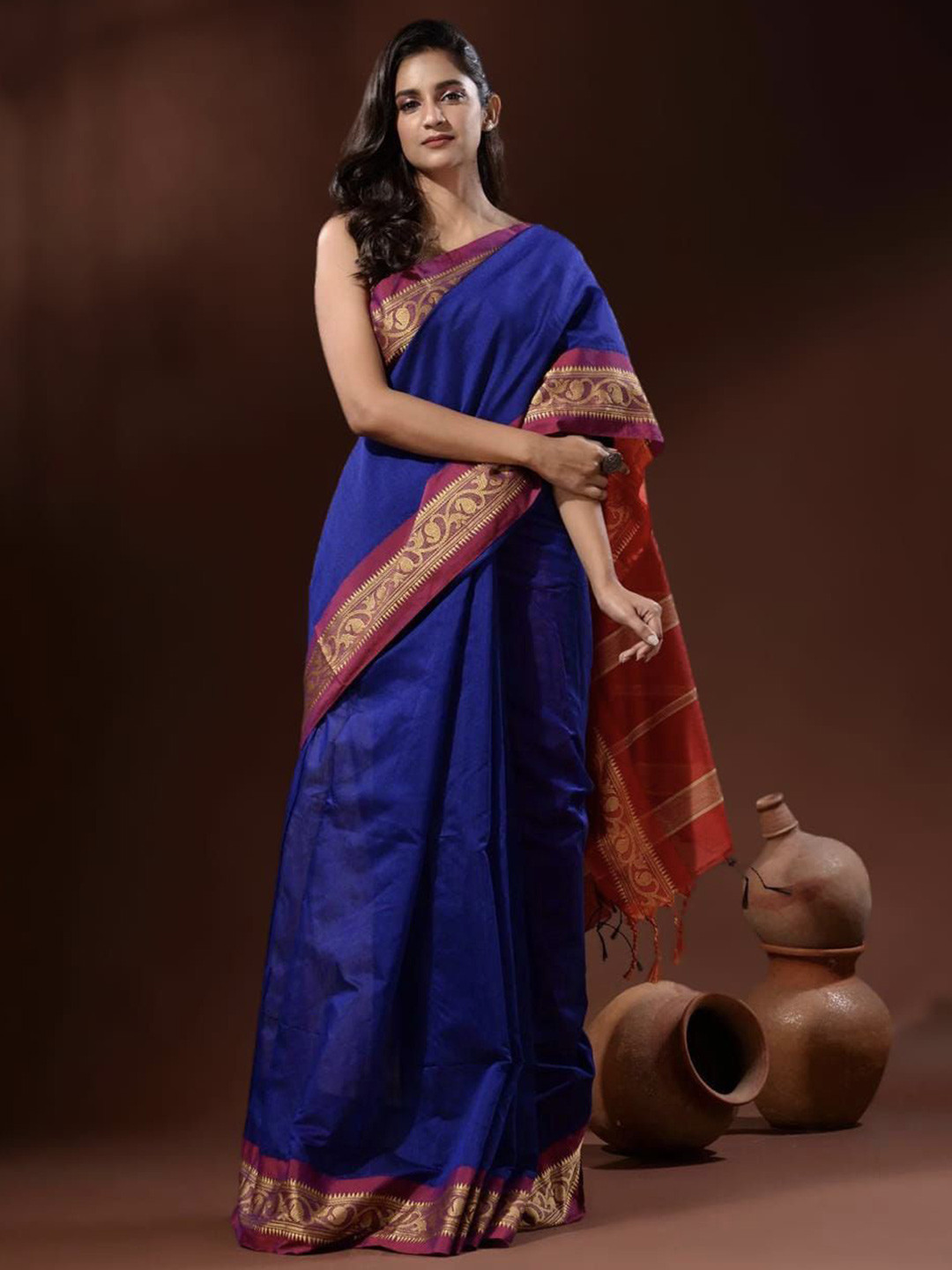 

SRILOK Ethnic Motifs Pure Cotton Handloom Khadi Saree, Blue
