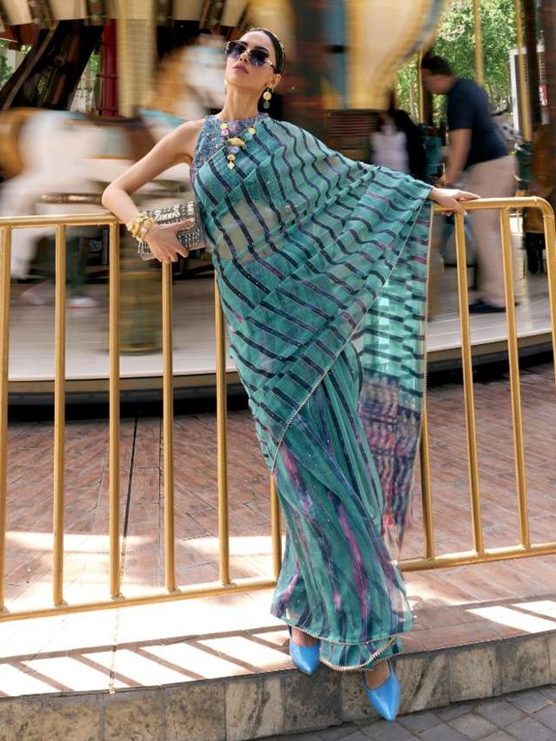 

Suha Striped Organza Saree, Turquoise blue