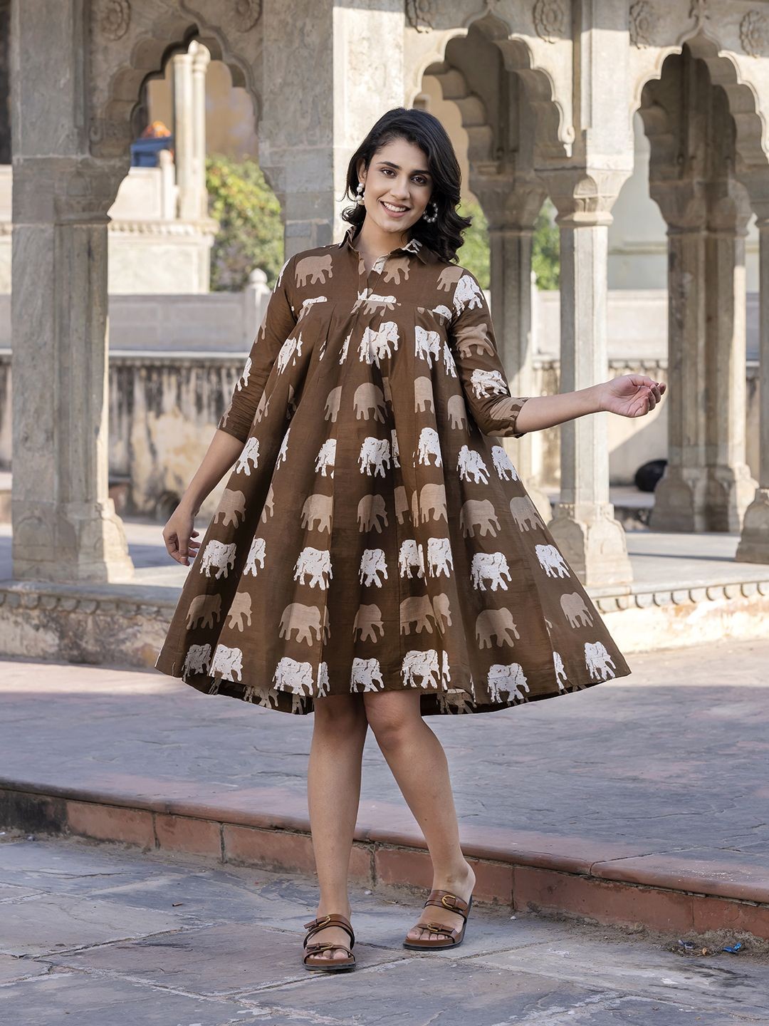 

CORSICA Women Cotton Shirt Collar Printed A-Line Dress, Brown