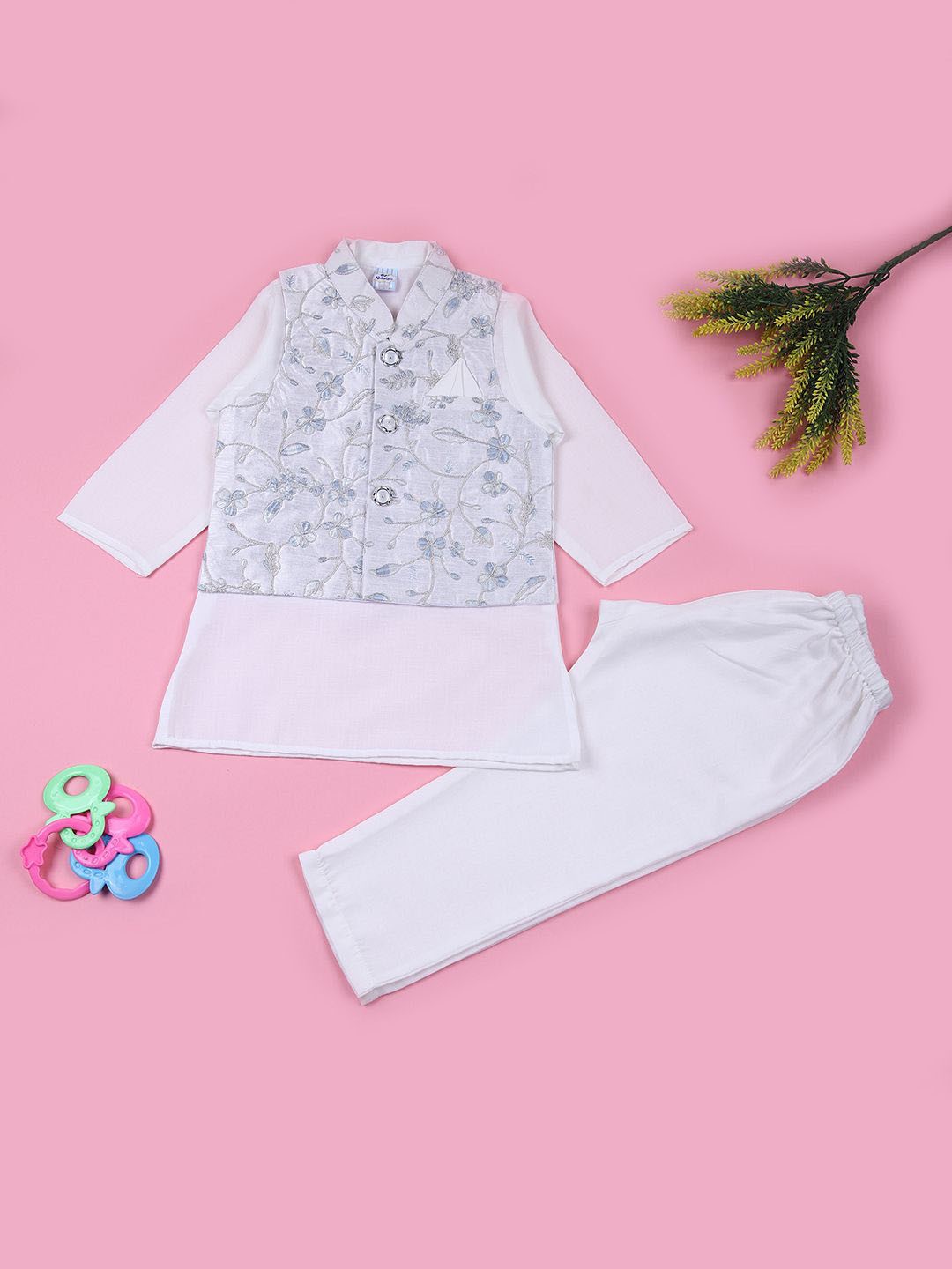 

V-Mart Infant Mandarin Collar Straight Kurta With Pyjamas With Nehru Jacket, White