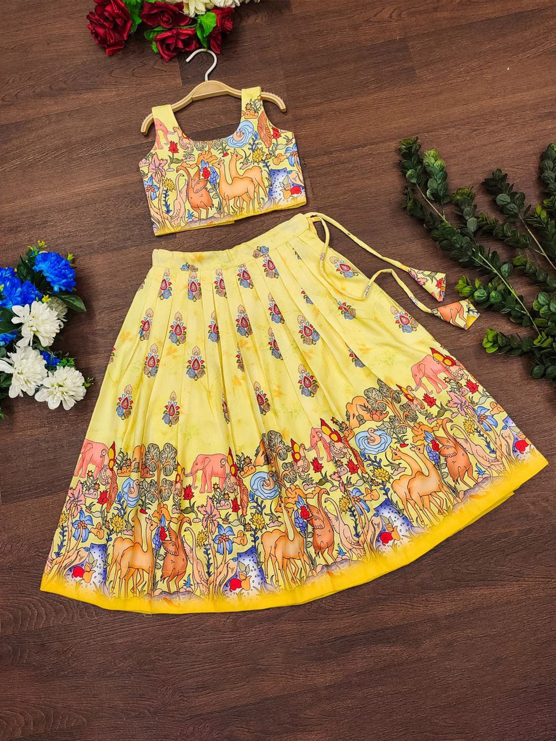 

BAESD Girls Printed Mukaish Foil Print Ready to Wear Lehenga & Blouse With Dupatta, Yellow