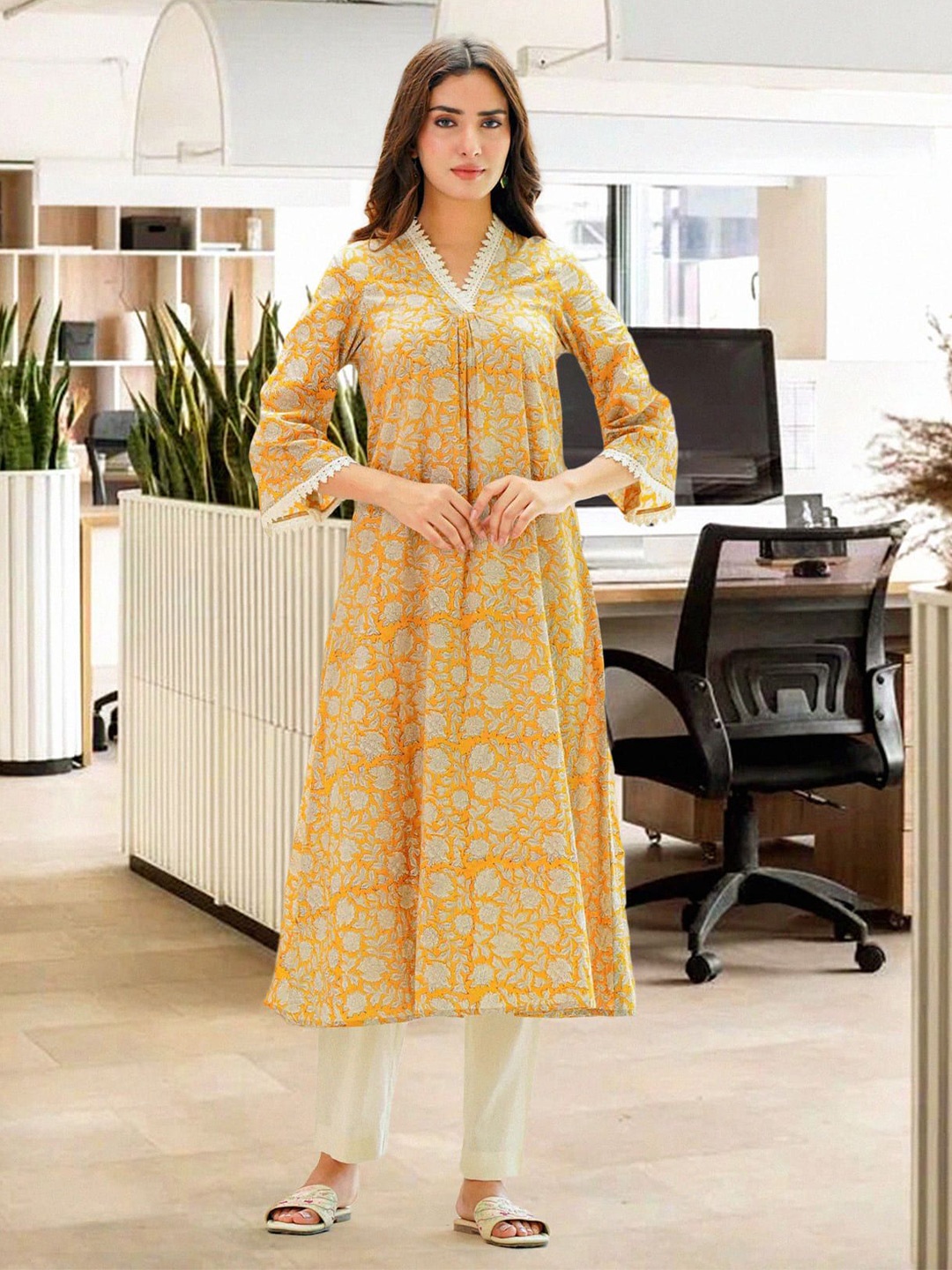 

Ambraee Floral Printed Pleated Pure Cotton A-Line Kurta with Leggings, Yellow