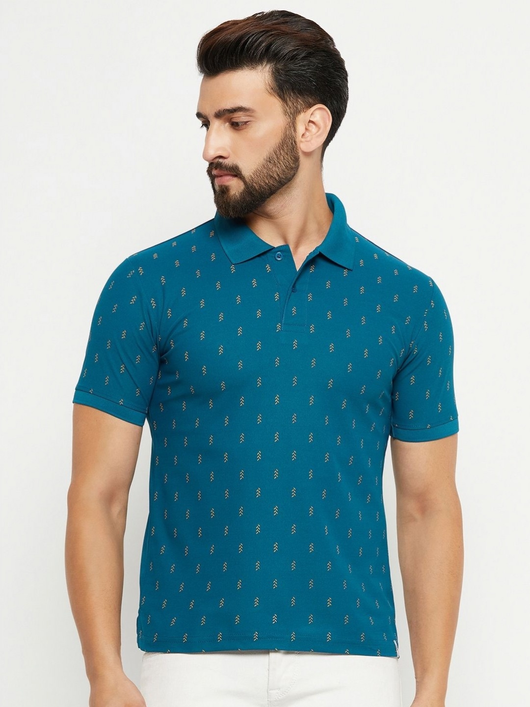 

RENUOVO Men Geometric Printed Polo Collar Cotton T-shirt, Blue