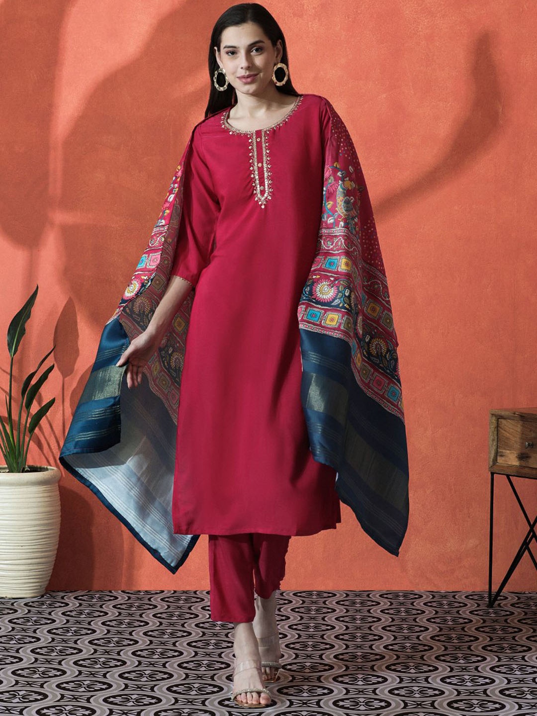 

Sangria Pink Floral Embroidered Sequnnied Straight Kurta With Trousers And Dupatta