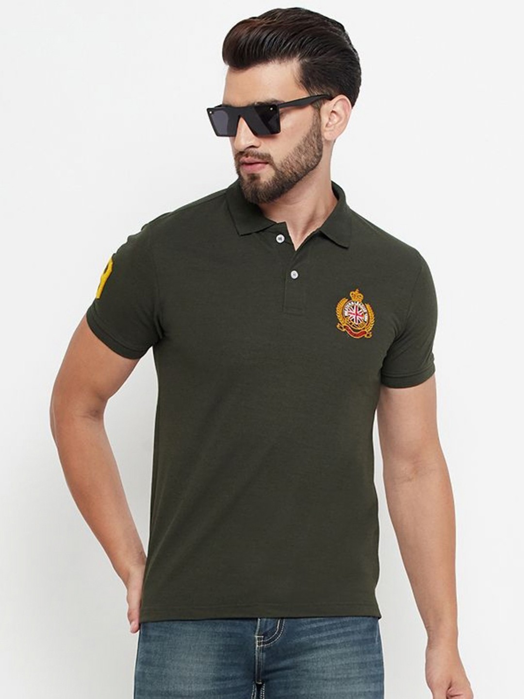 

RELANE Men Solid Polo Collar Cotton T-shirt, Olive