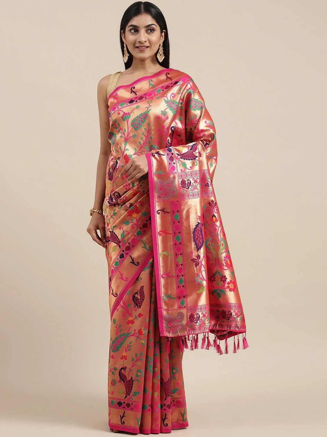 

DIVASTRI Ethnic Motifs Woven Design Zari Paithani Saree, Pink