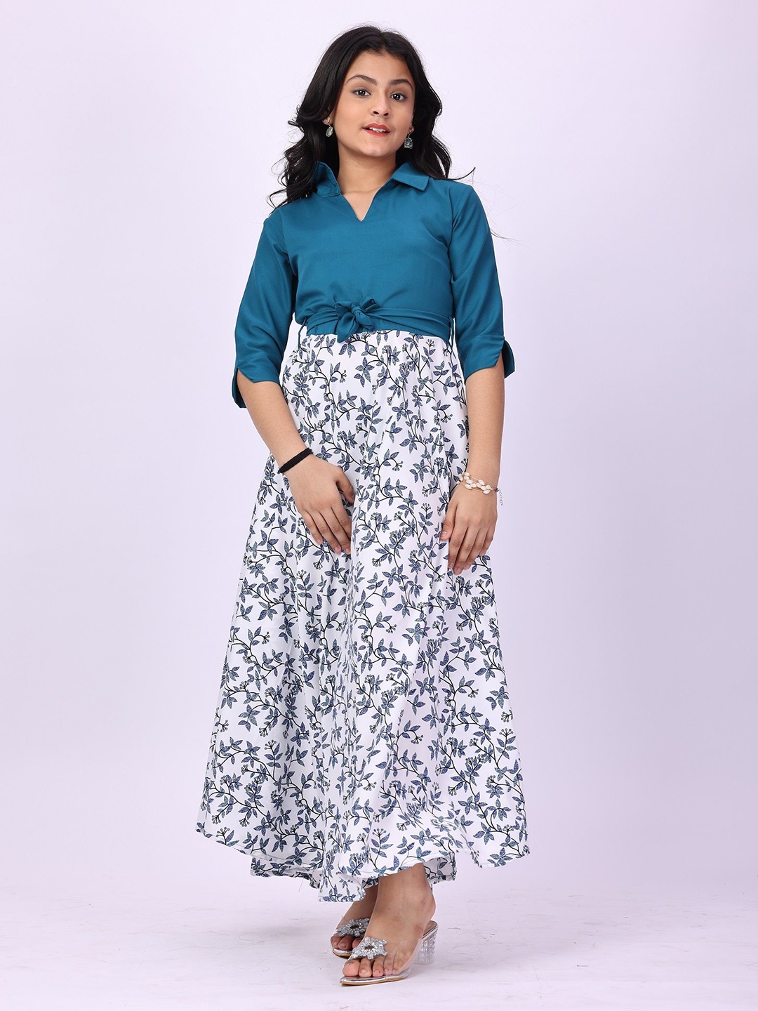 

Aarya Designer Girl Floral Print Slit Sleeves Belted Fit & Flare Maxi Dress, Turquoise blue