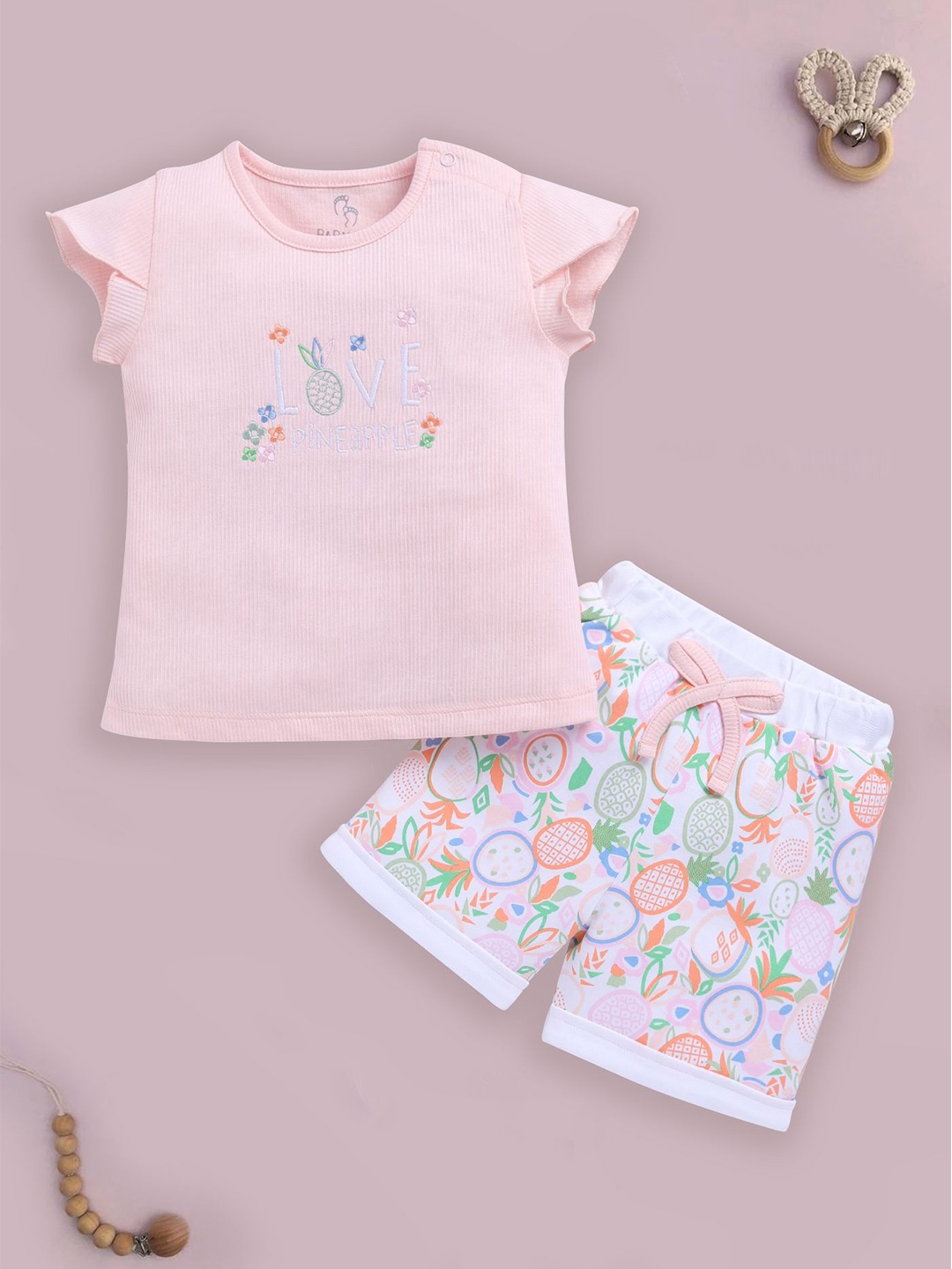 

BABY GO Girls Embroidered Round Neck Top With Shorts, Pink