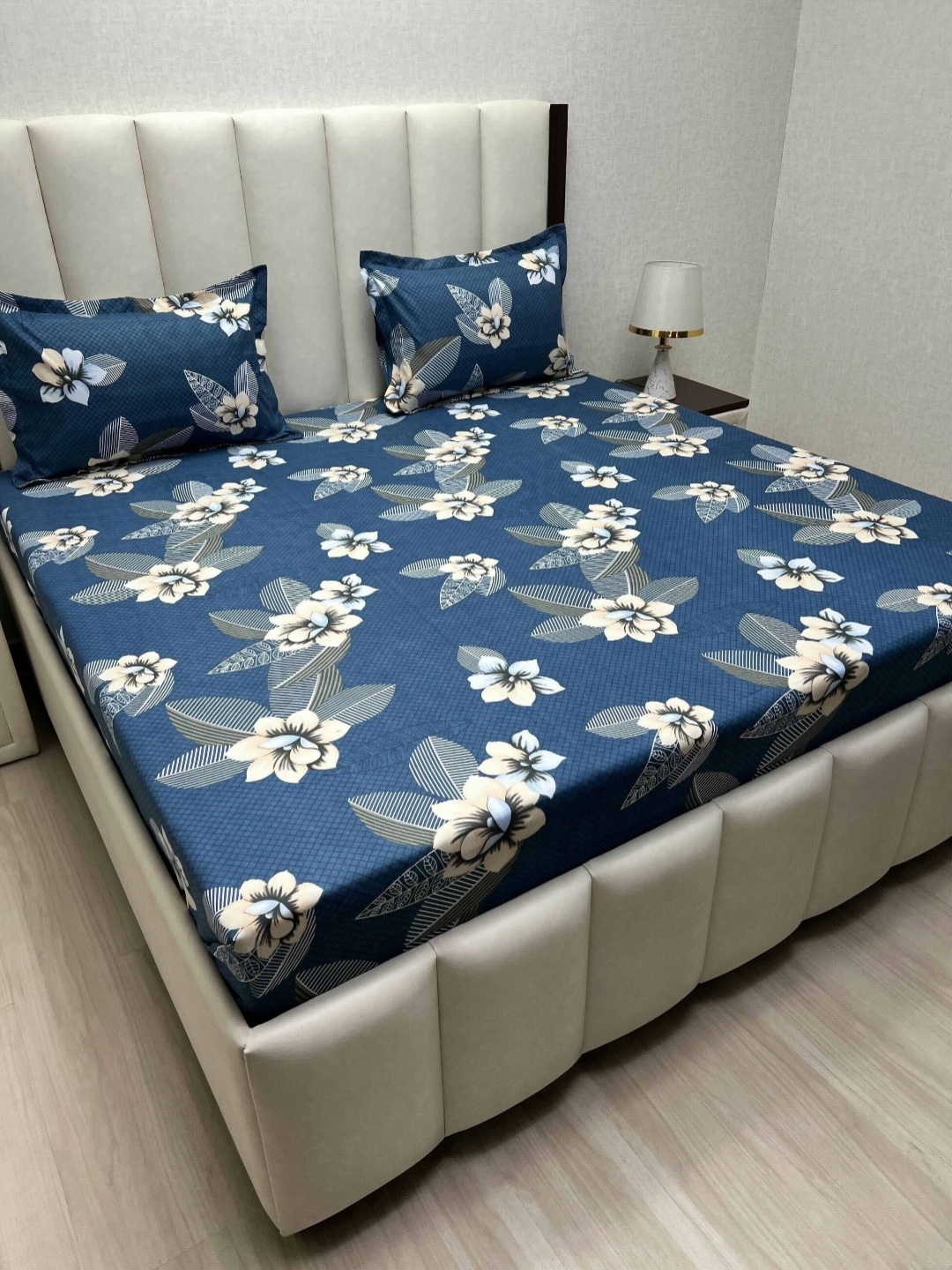 

Pure Decor Amulya Blue & Cream Floral Printed 330 TC Queen Bedsheet Set 2.28 m X 2.54 m