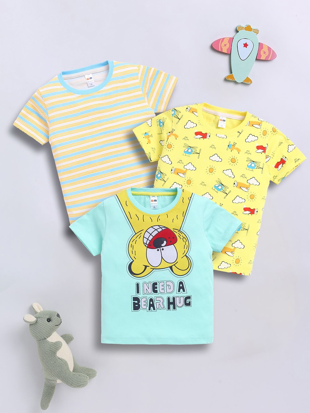 

LITTLE NINJA Boys Pack Of 3 Graphic Printed Round Neck Cotton T-shirts, Yellow