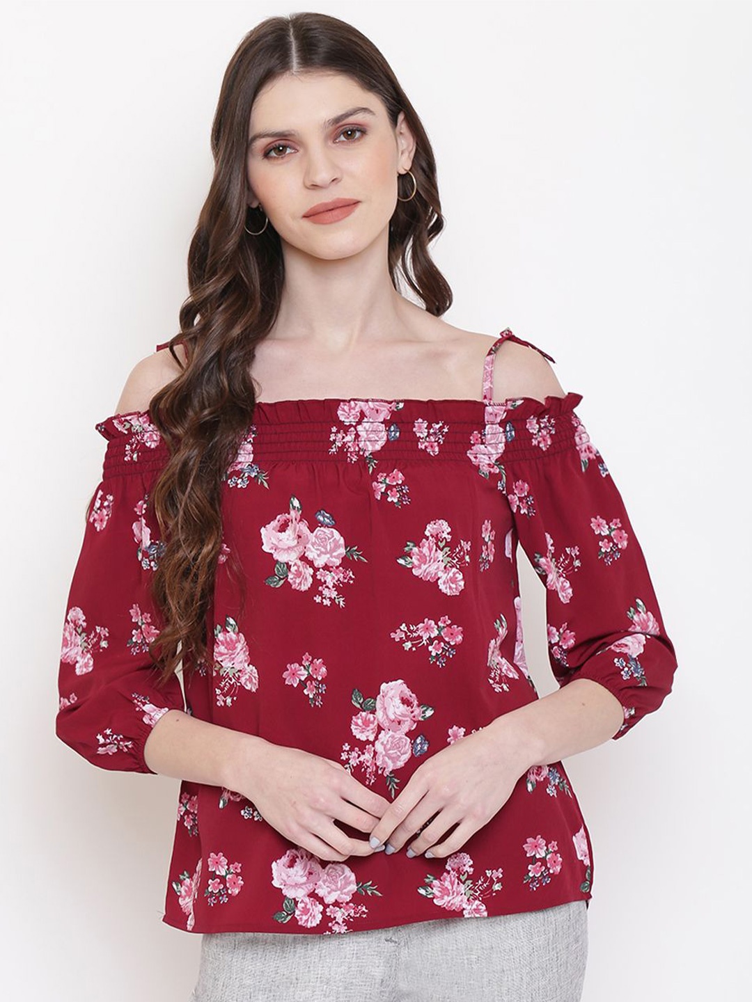 

DressBerry Floral Print Off-Shoulder Crepe Bardot Top, Maroon