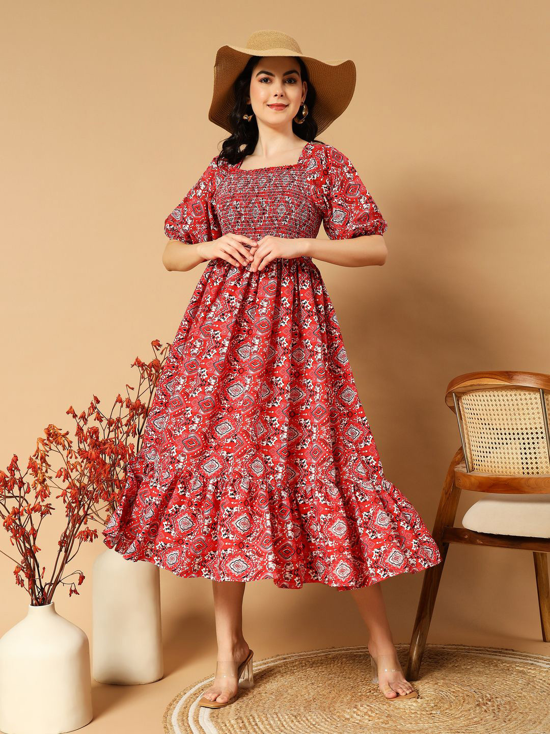 

ZWERLON Women Geometric Printed Puff Sleeve Fit and Flare Midi Dress, Red