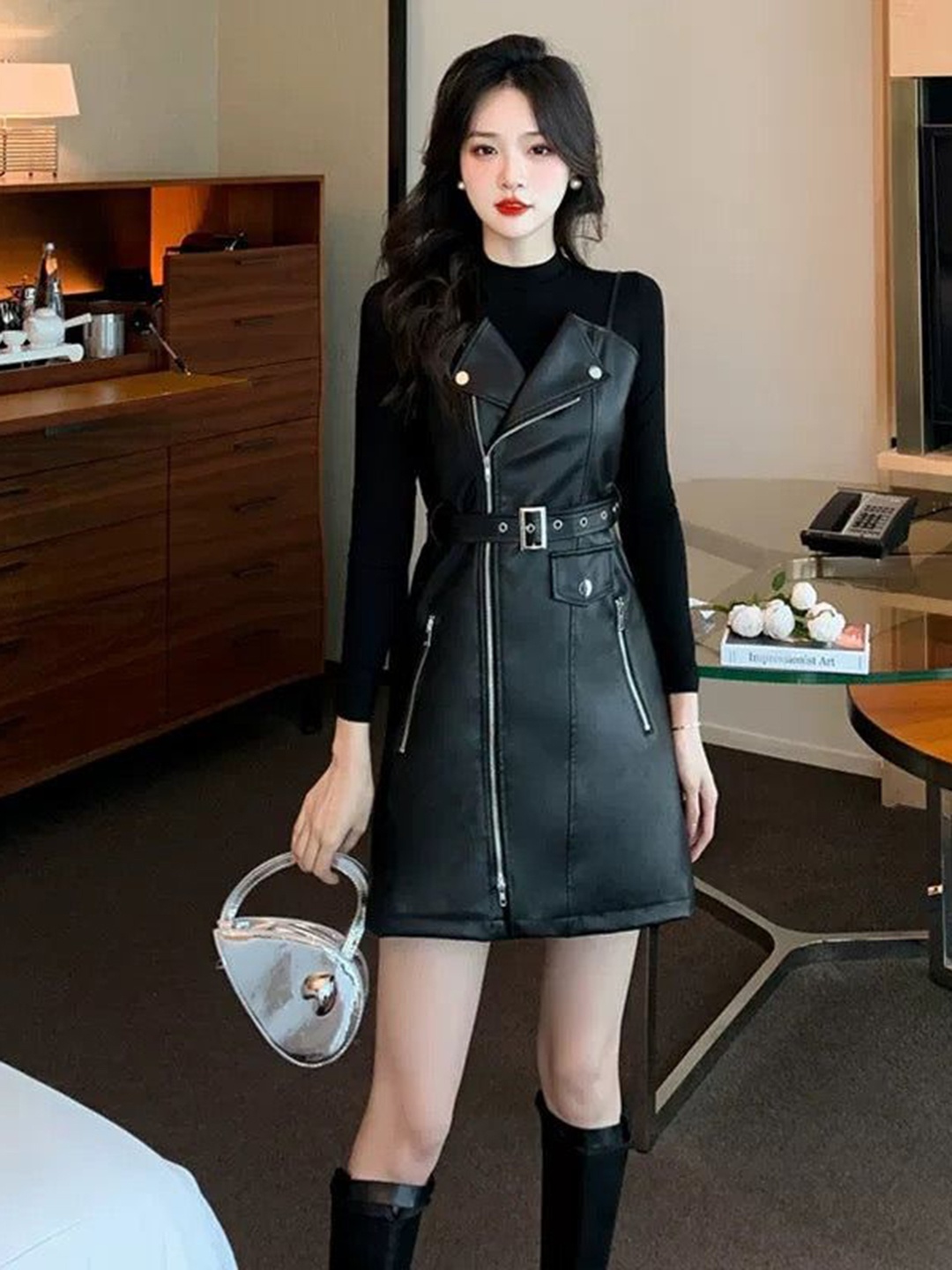 

Alamode By Akanksha Women Black Champel PU Leather Dress