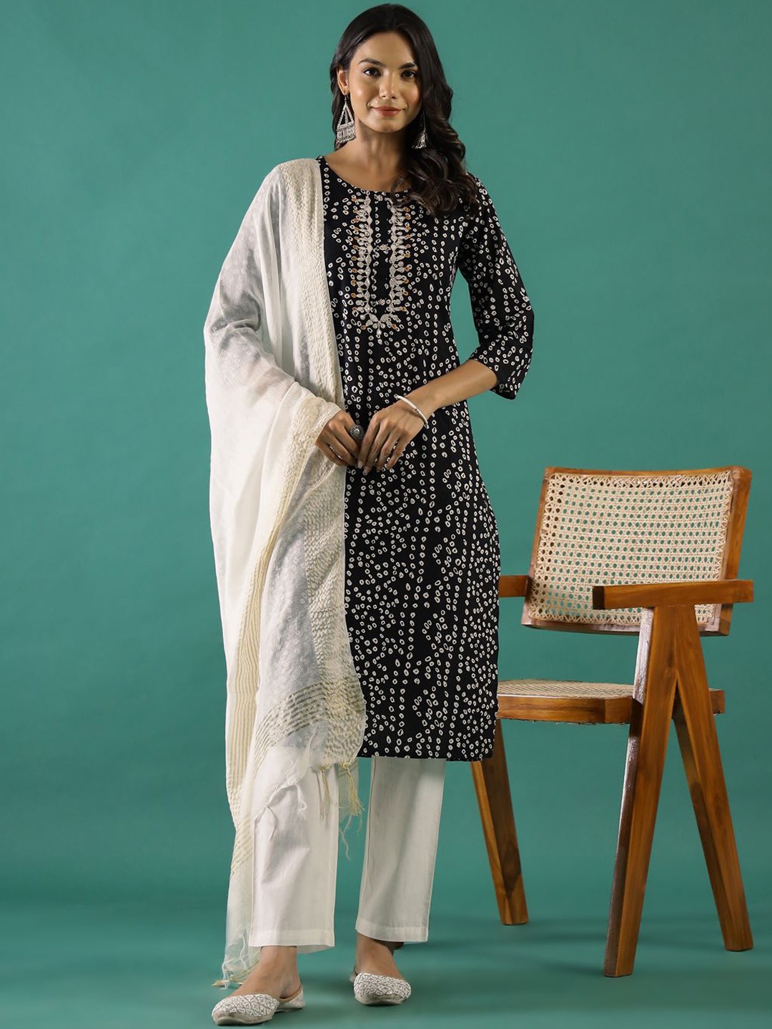 

Sangria Black Bandhani Printed Pure Cotton Straight Kurta With Trousers And Dupatta