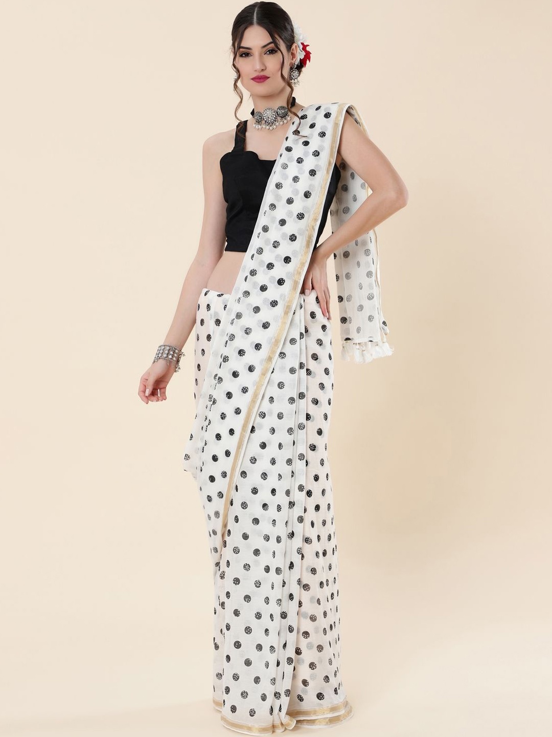 

Suha Polka Dot Zari Pure Cotton Saree, White