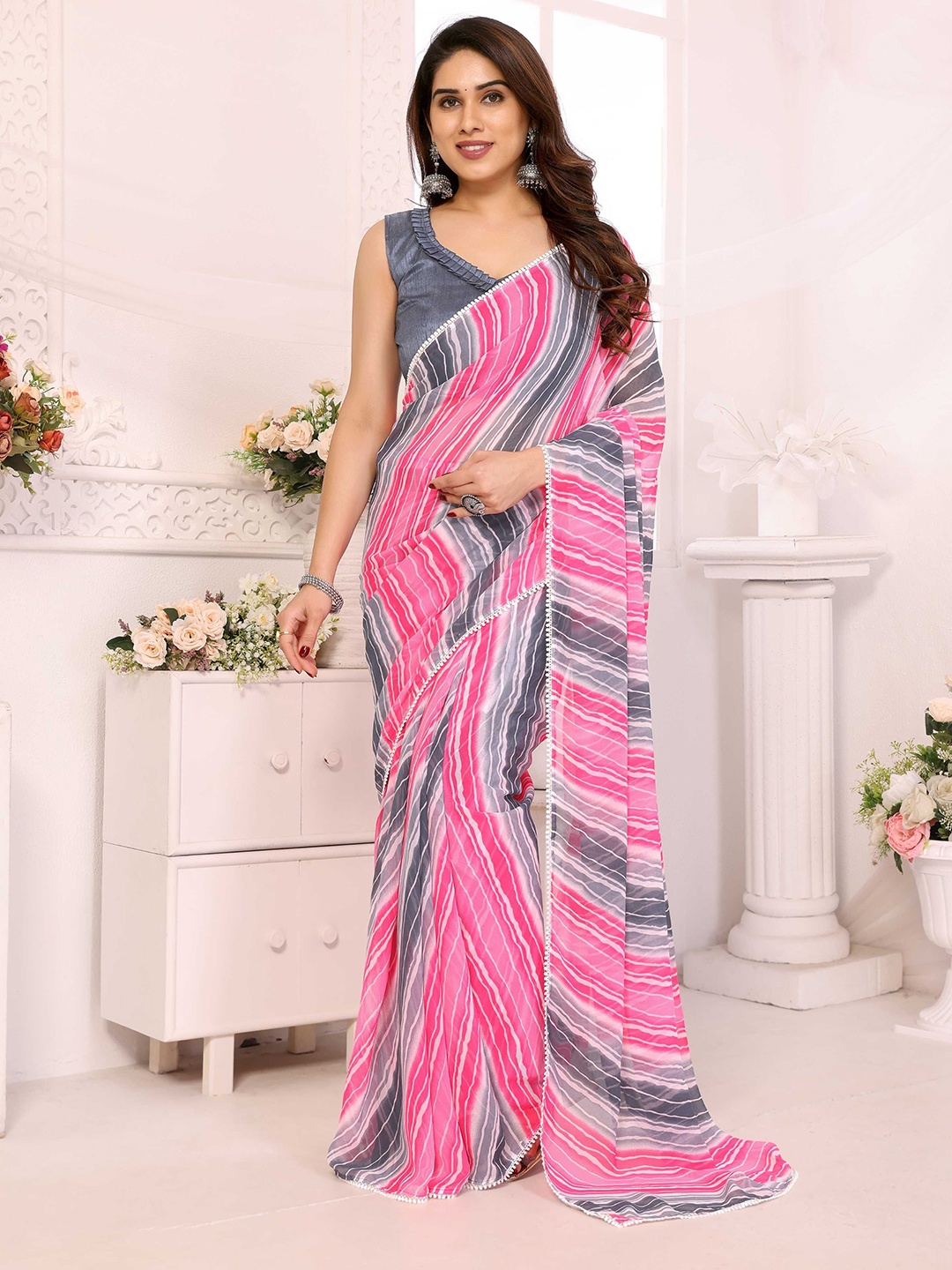 

DIVASTRI Leheriya Embroidered Poly Georgette Ready to Wear Saree, Pink