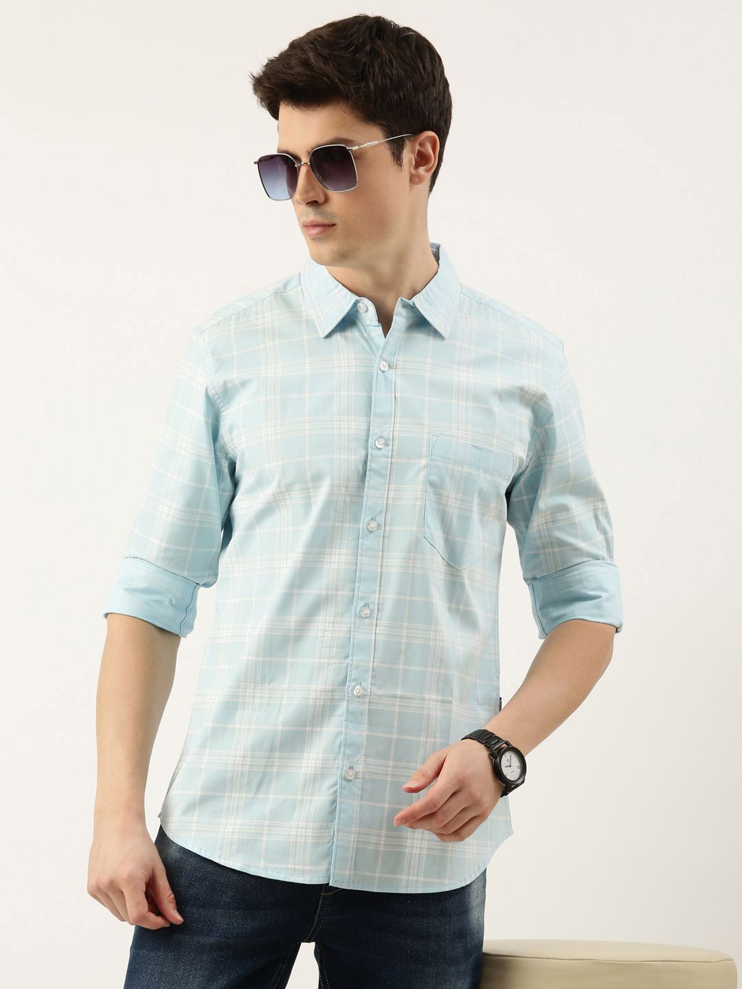 

Provogue Men Spread Collar Checked Cotton Casual Shirt, Blue