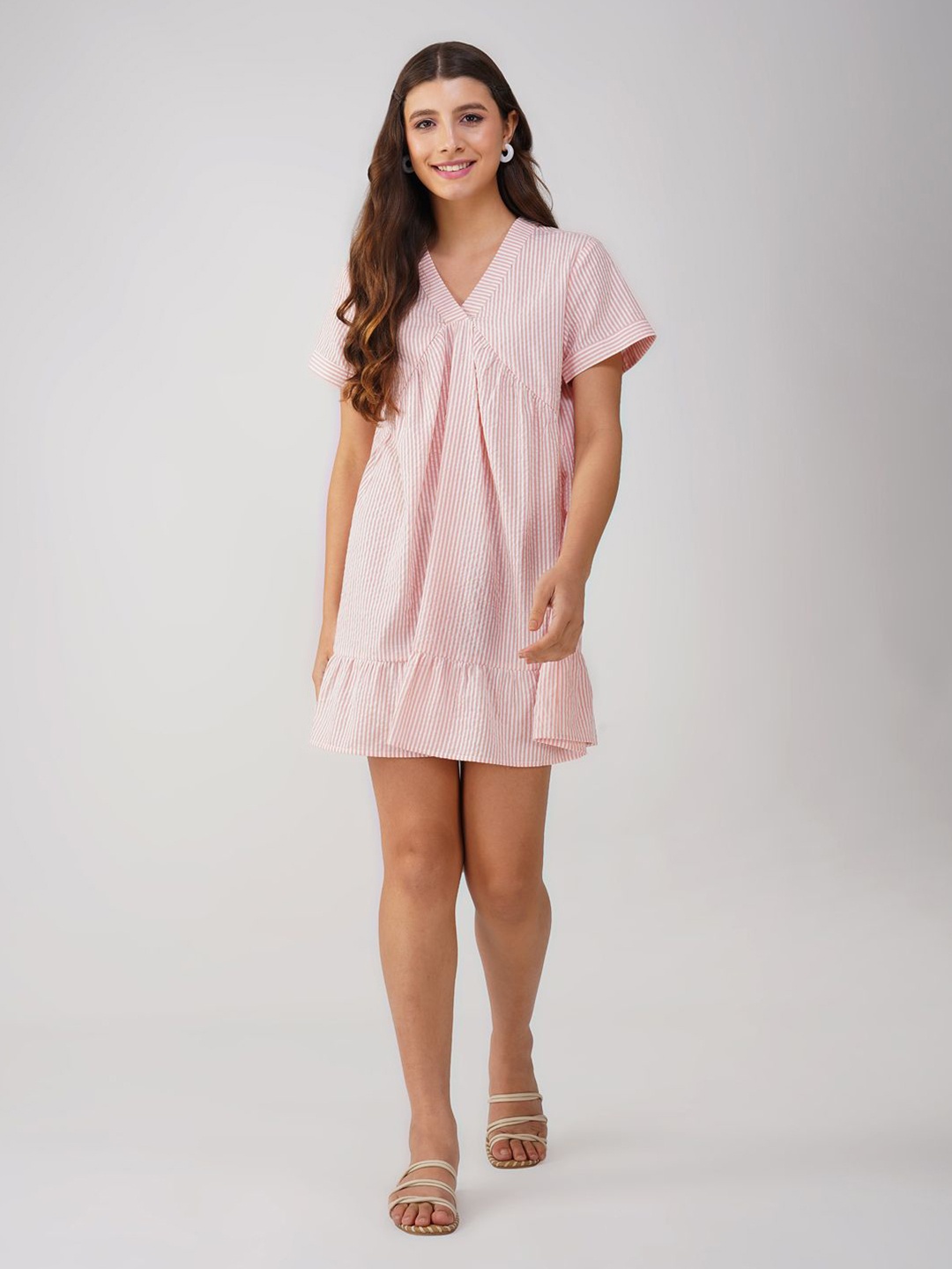 

HERE&NOW Striped A-Line V-neck Mini Dress, Pink