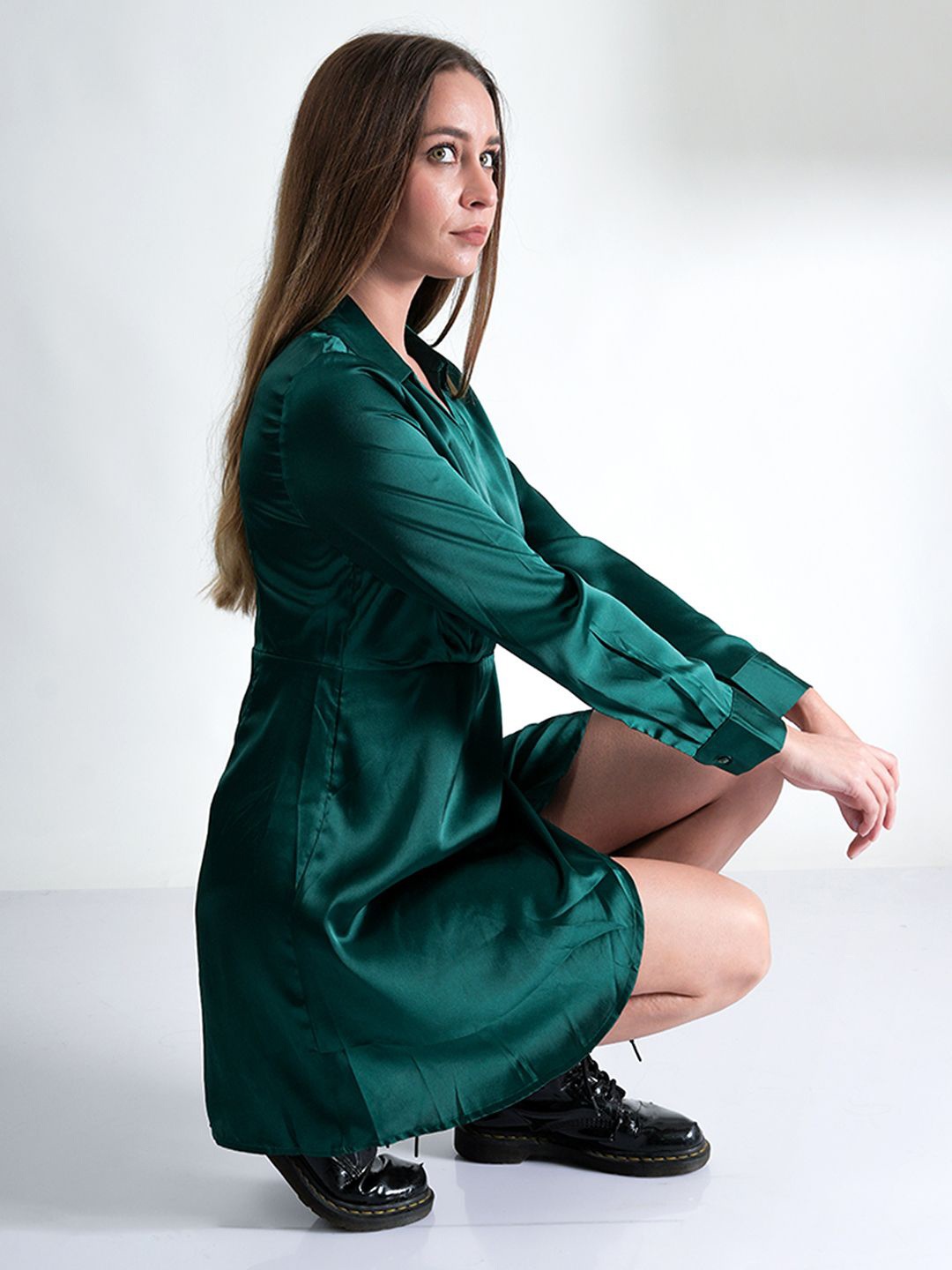 

ONLY Shirt Collar Cuffed Sleeves Wrap Mini Dress, Green