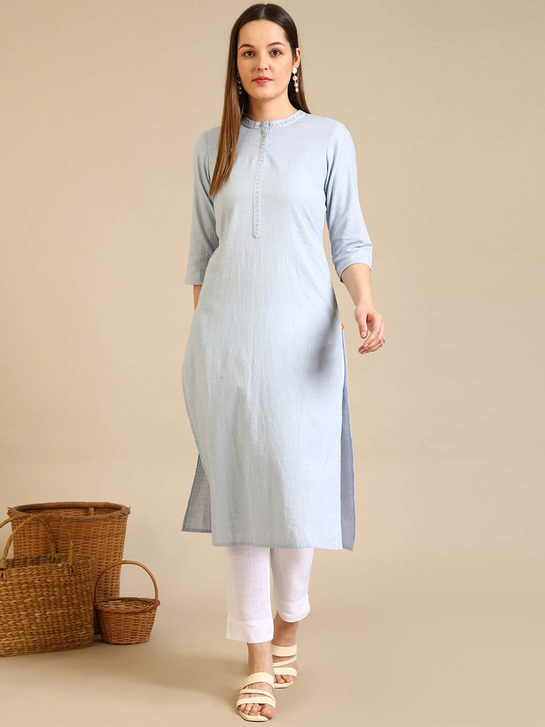 

AURELIA Band Collar Pure Cotton Straight Kurta, Blue