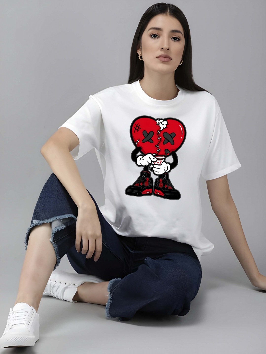 

SZN Women Graphic Printed Round Neck Cotton Oversized T-shirt, White