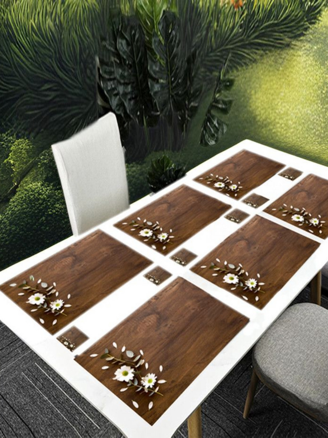 

REVEXO Brown & White 12 Pcs Floral Printed Rectangular Shaped Coasters & Table Placemats