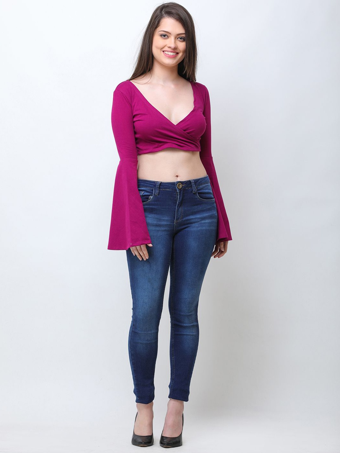 

Moda Rapido Solid Flared Sleeve Cotton Wrap Crop Top, Magenta