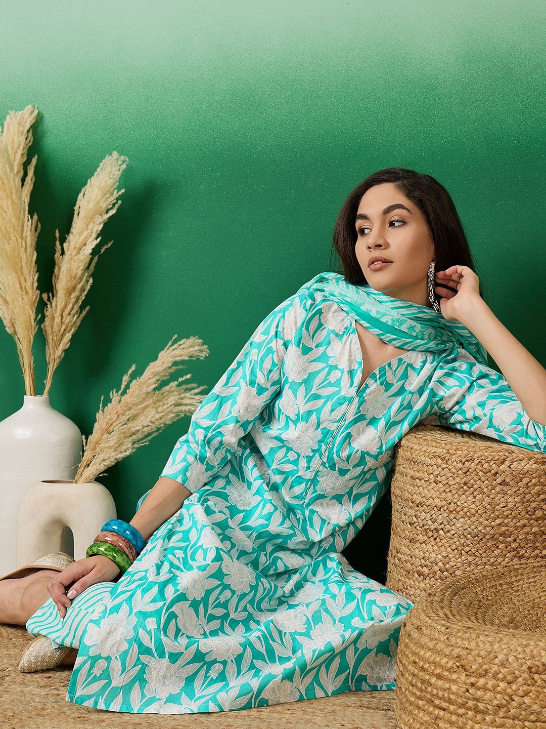 

Sangria Floral Printed Cotton Kurta with Trousers & Dupatta Set, Sea green