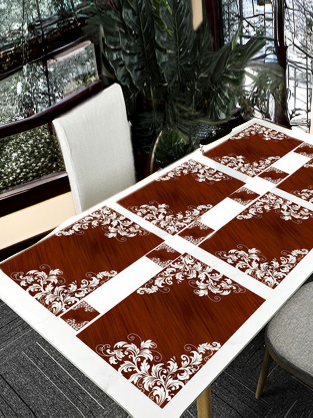 

REVEXO Brown & White 12 Pieces Printed Rectangular Table Placemats & Coasters